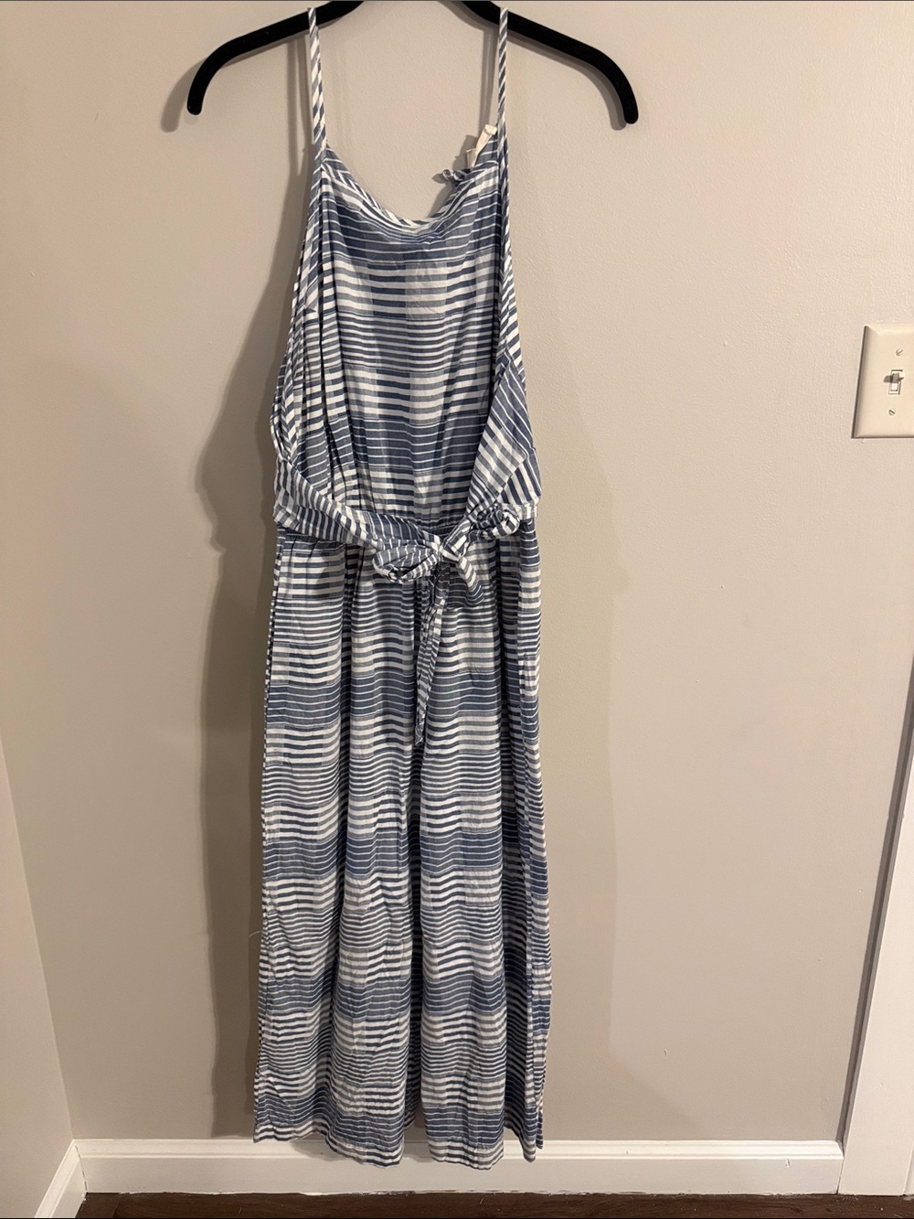 Striped Blue and White Women's Tie-Waist Jumpsuit